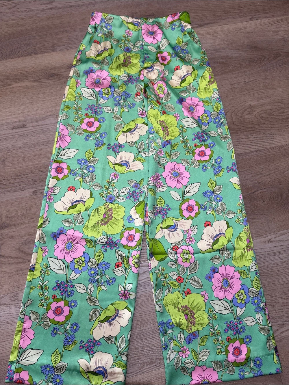 Zara Green Floral Print Wide-Leg Pants